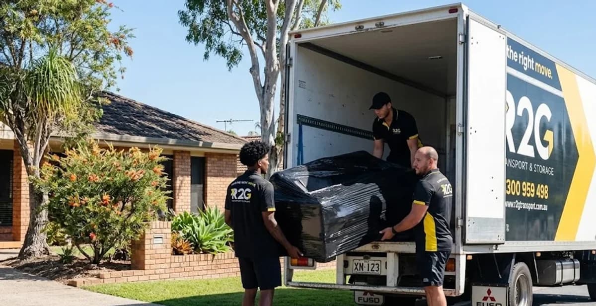 R2G removalists loading furniture into truck outside a Brisbane home
