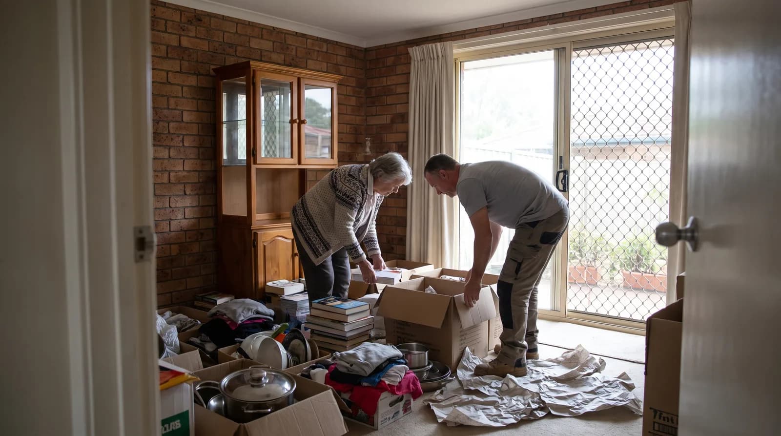 An older woman and a packer sorting books and kitchenware into cartons in a lowset Australian home